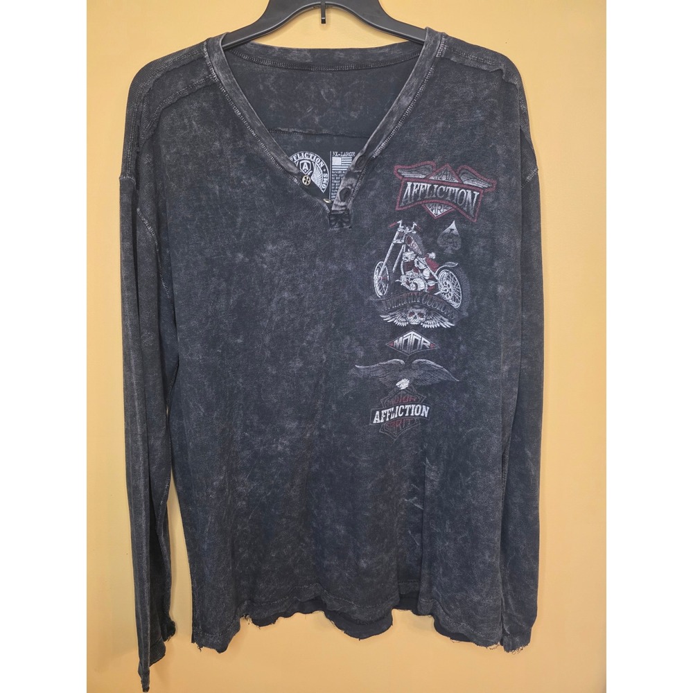 Affliction American Customs Mens 3XL Thermal Henley Acid Wash Biker Shirt Skulls